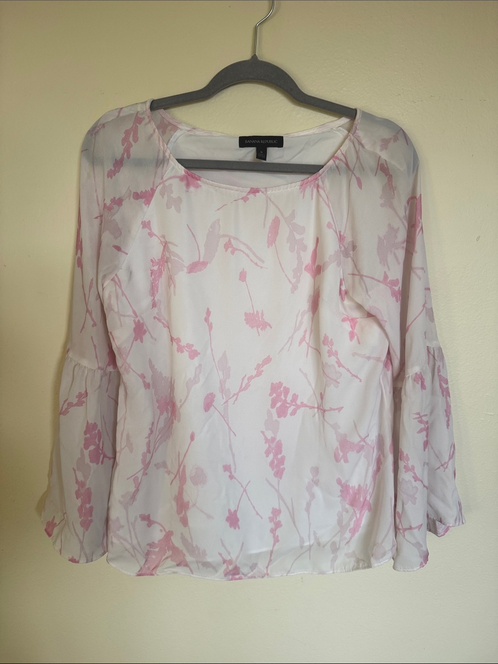 Banana Republic White Blouse with Pink Floral Print and Bell Sleeves
